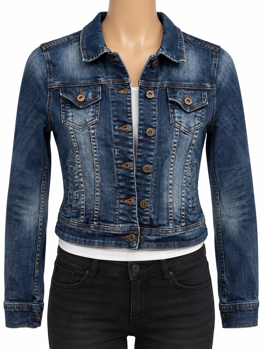 Heritage 1981 Womens Small Denim Jean Jacket Distressed Dark Wash Y2K